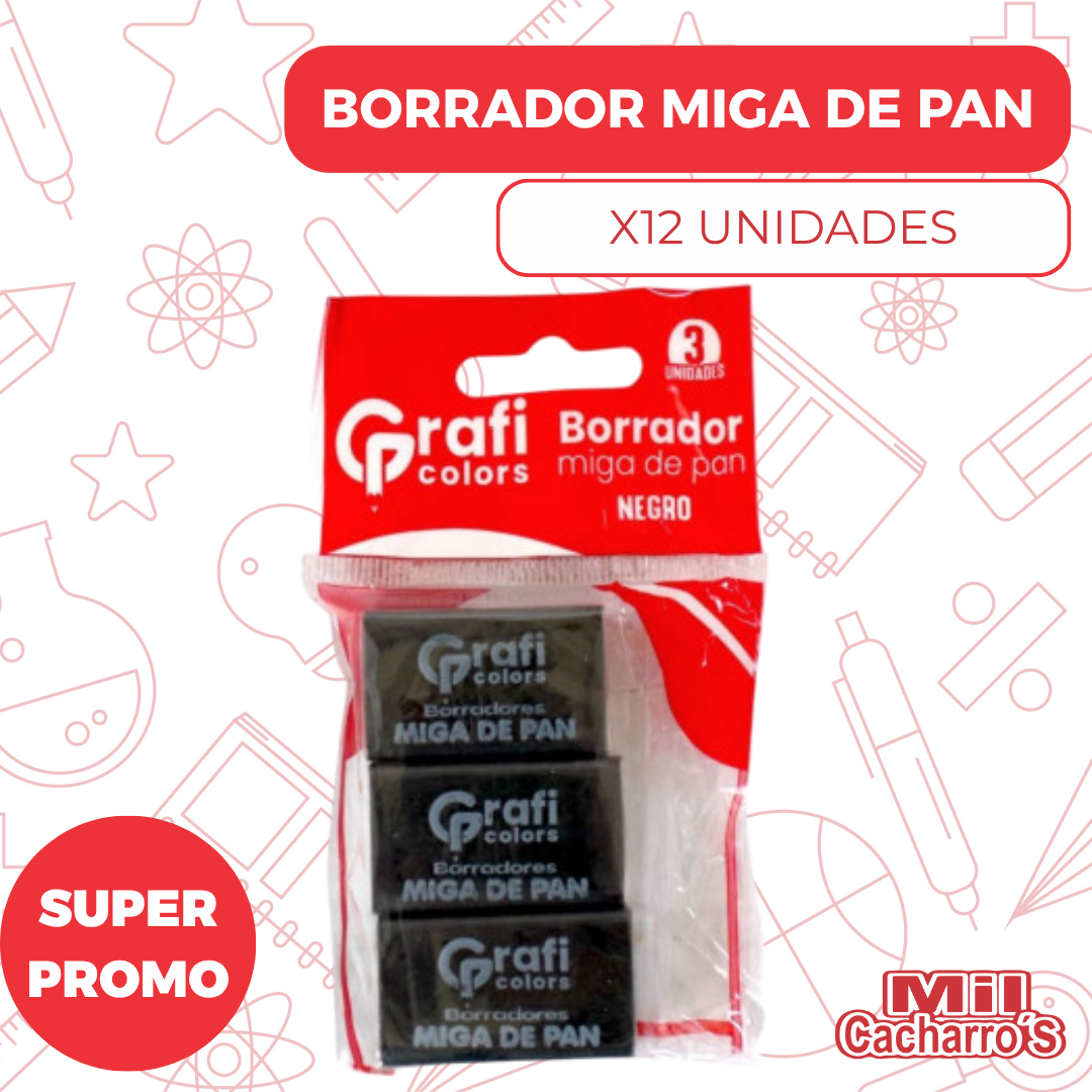 Borrador Miga De Pan Negro Set X3 Grafi Colors GR188 X12 Unidades