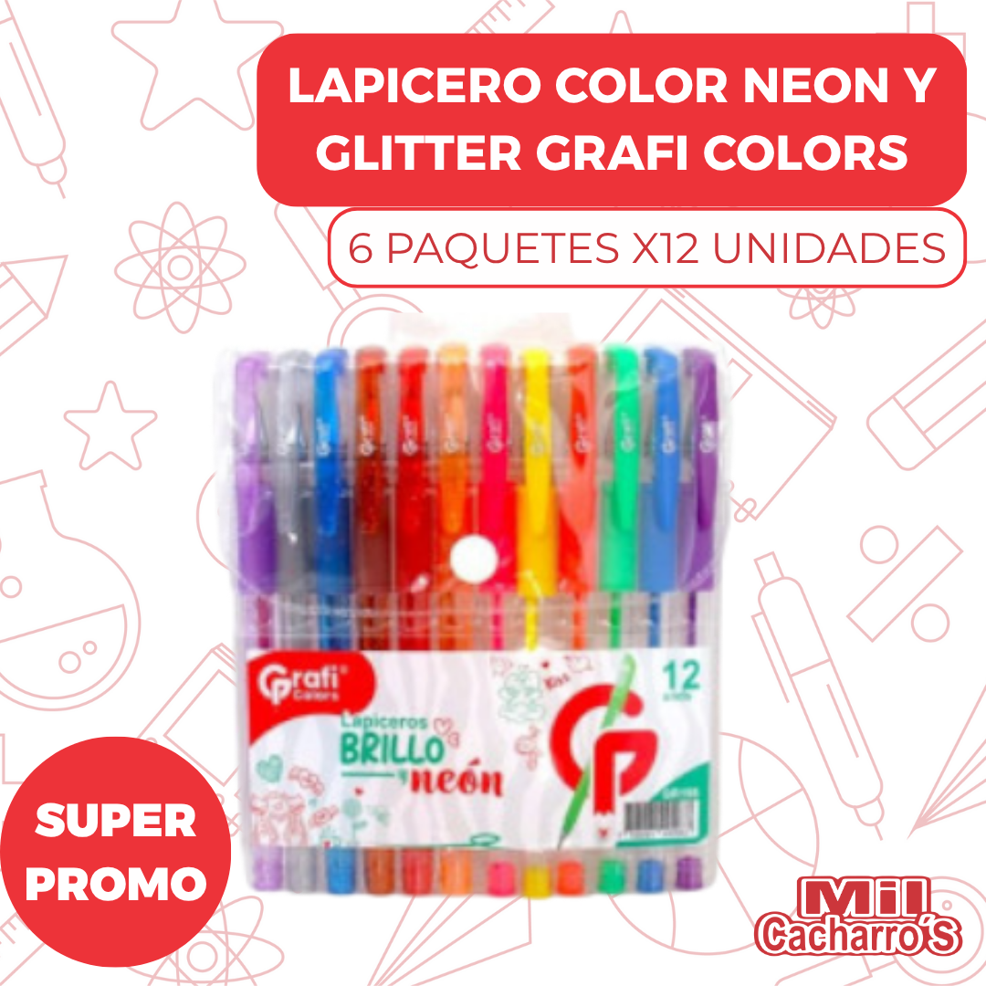 Set De Lapiceros Grafi Colors 6 Neon Y 6 Glitters GR198 X6 Paquetes
