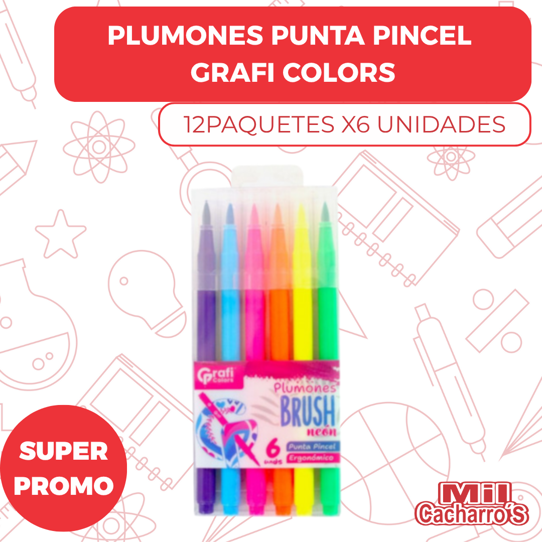 Plumones Brush Grafi Colors Punta Pincel X6 Neón GR117 X6 Paquetes