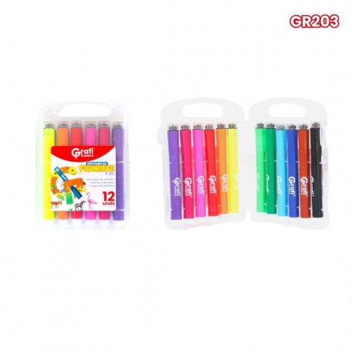 Estuche Marcador Grafi Colors De Agua Estándar Con Figuritas X12 Unidades GR203 X3 Paquetes