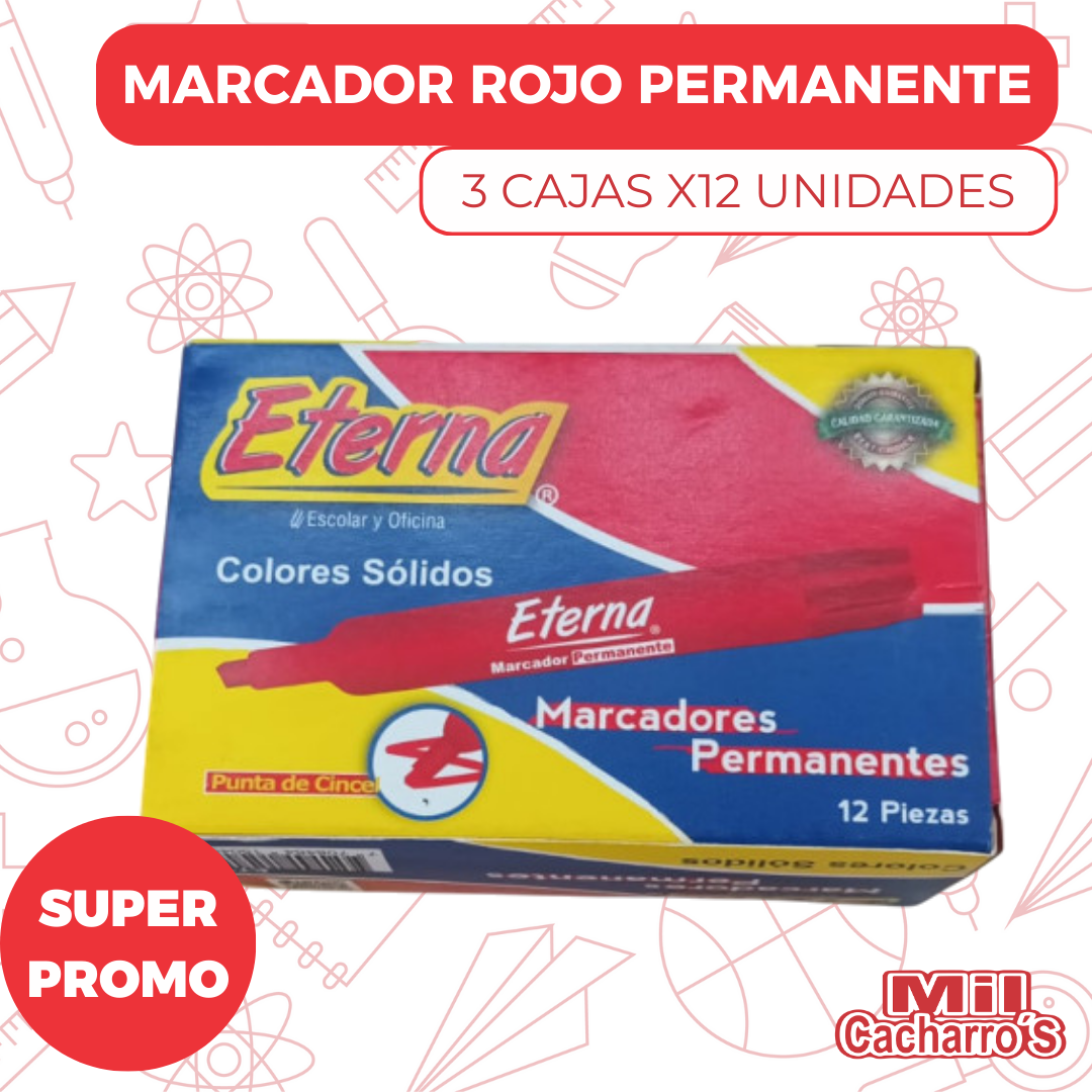 Caja Marcador Permanente Rojo Eterna 12 Unidades X3 Cajas