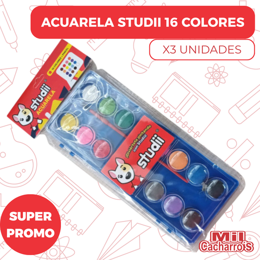 Acuarela Studii 16 Colores X3 Unidades