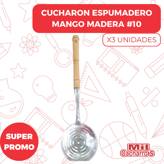 Cucharon Espumadero Mango Madera #10 X3 Unidades