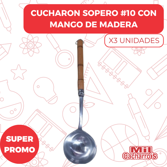 Cucharon Sopero #10 Con Mango De Madera X3 Unidades